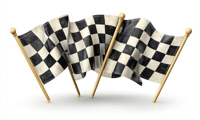 Three Checkered Flags Waving with Wooden Poles