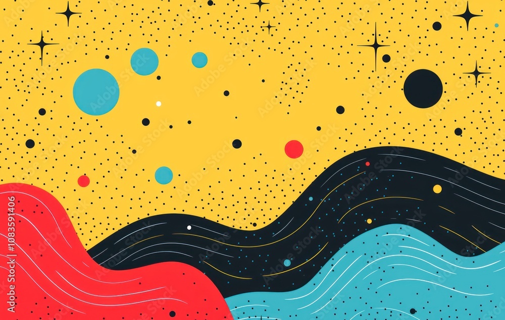 Poster Abstract Colorful Wavy Pattern with Dots and Stars