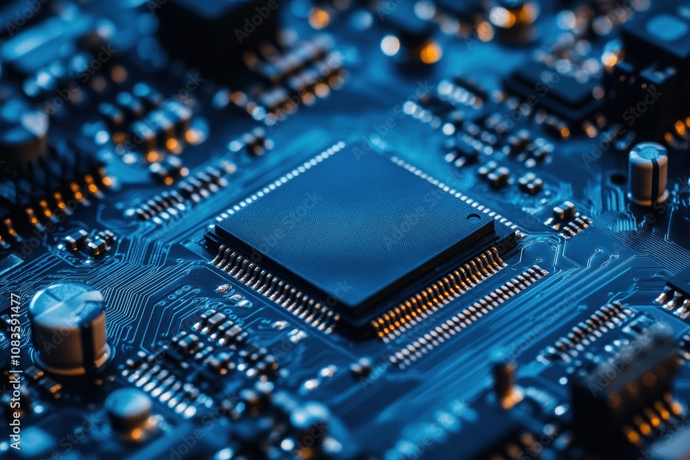 Aufkleber a close-up reveals a microprocessor surrounded by gears on a vibrant electronic circuit board highli