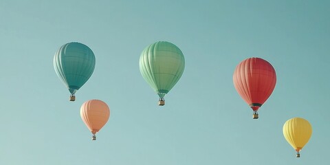 Naklejka premium Five Colorful Hot Air Balloons Floating Against a Pale Blue Sky