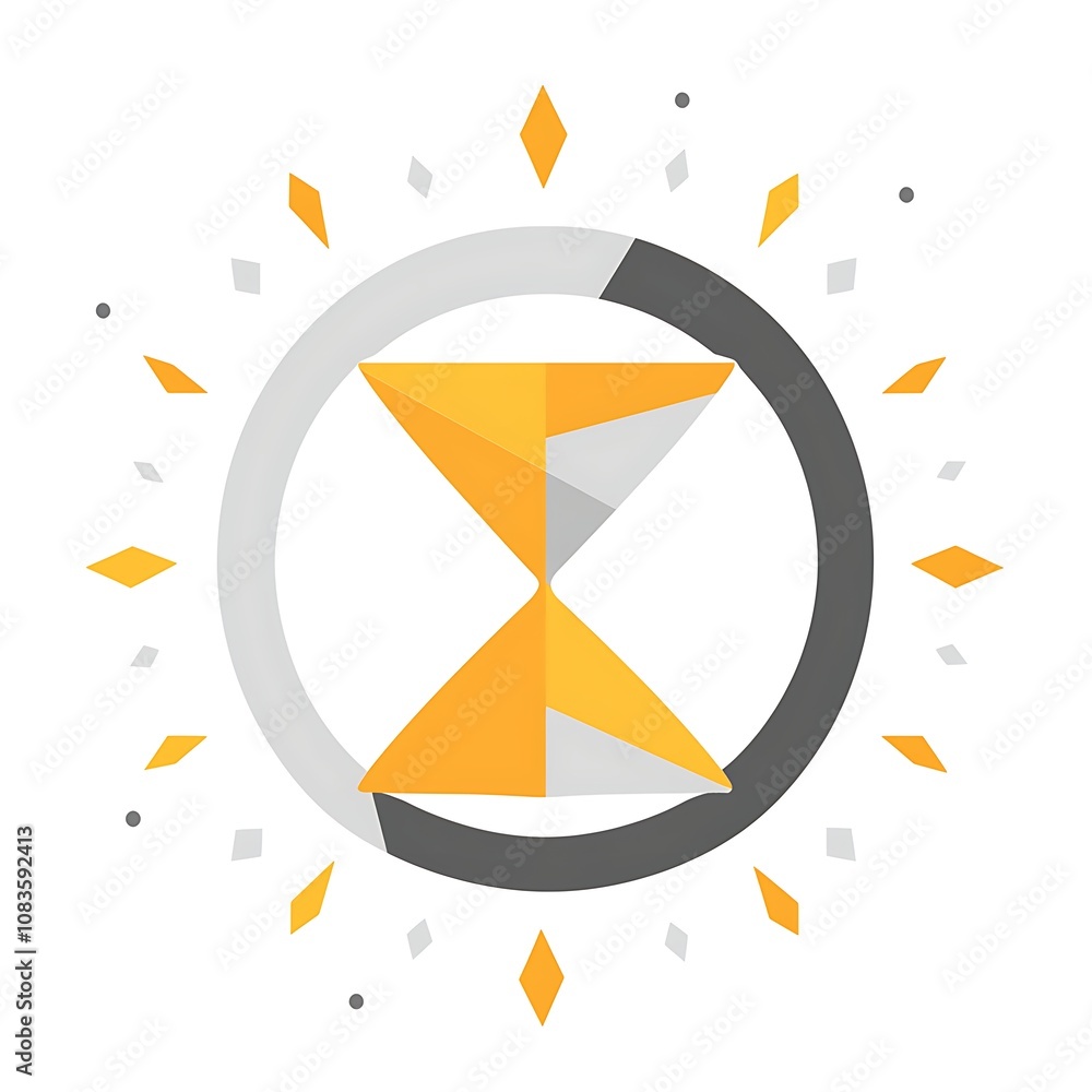 Poster geometric hourglass abstract art with yellow and gray elements representing time, transformation, an