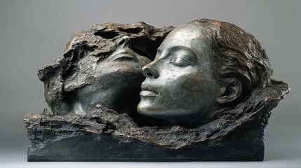 Obraz premium Elegant bronze sculpture depicting two faces in a tender embrace, representing love, connection, and artistic expression.