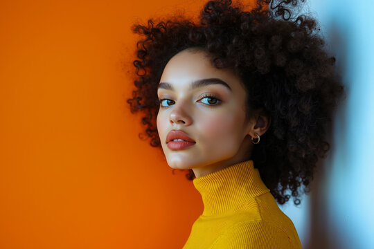 A woman with curly hair wearing a yellow sweater