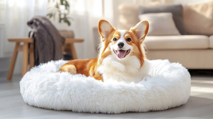 A cute dog lying in a white plush doghouse