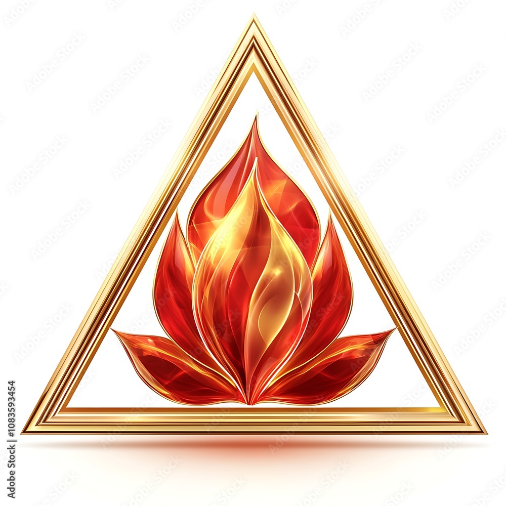 Poster beautiful abstract flame design in a golden triangular frame with vibrant red and orange colors, per