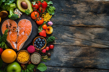 Protein and fats. chiken Fillet, Egg and Salmon Fish, Fruit, Vegetablea. Healthy Fod Selection with Protein. Diet Food Concept.	
