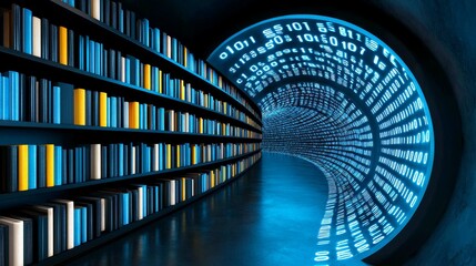 Fototapeta premium Bookshelf Tunnel with Binary Code Futuristic Library Concept