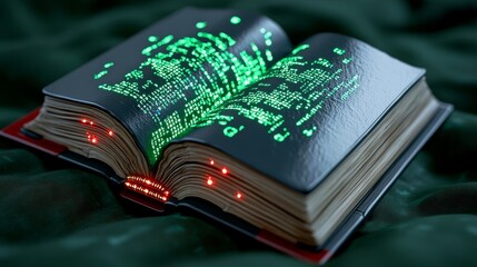 Open Book with Glowing Green Code Digital Technology Knowledge Innovation Future