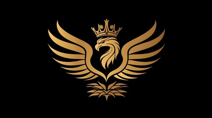 Obraz premium Elegant and Majestic Golden Phoenix with Crown and Wings on Black Background, Symbolizing Strength, Power, and Rebirth in Design and Art Concepts