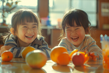 Fototapeta premium Two cute kids laughing and playing with fruit in the school lunch room, surrounded by vibrant colors and bright daylight.