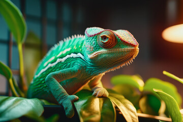 Obraz premium A tranquil scene of a rehabilitated pet chameleon resting in its terrarium, with soft lighting and natural decor.