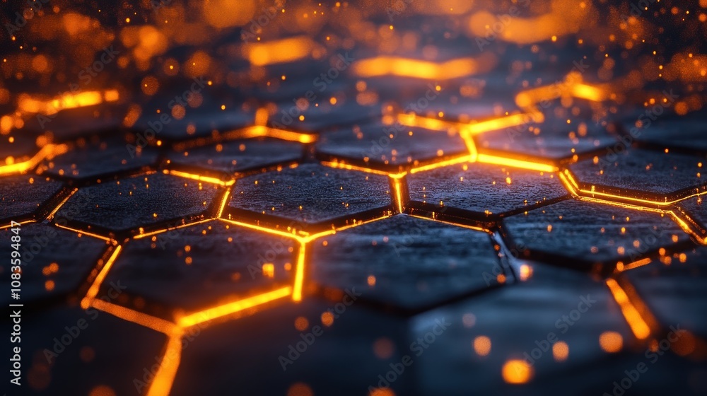 Poster glowing orange lines on a dark hexagonal surface