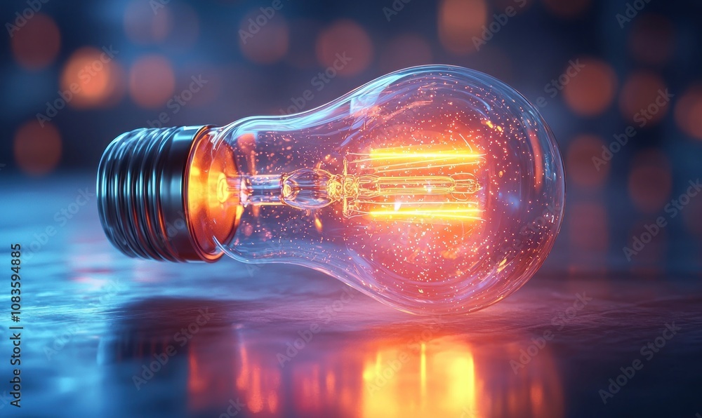 Aufkleber Illuminated Light Bulb with Sparkling Particles and Blurred Background