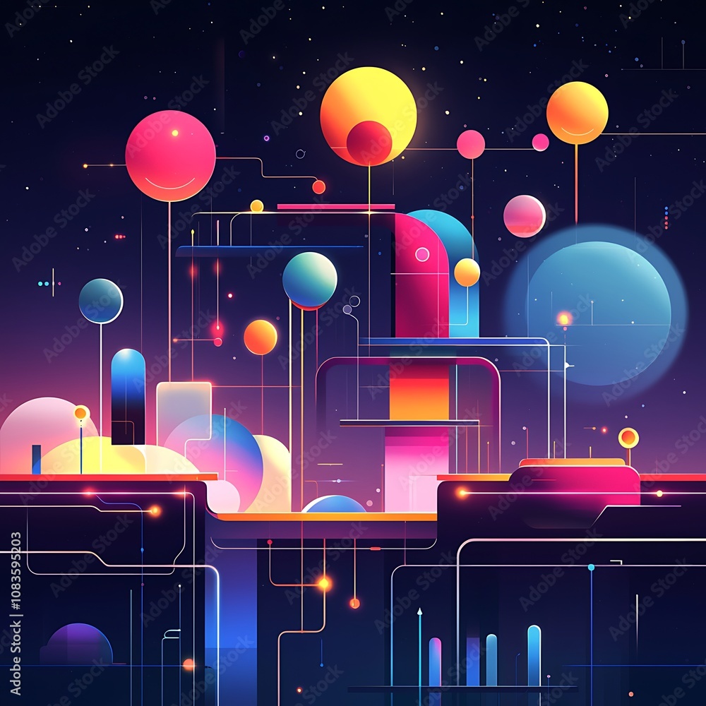 Poster abstract digital landscape with colorful circles and geometric shapes against a starry background in