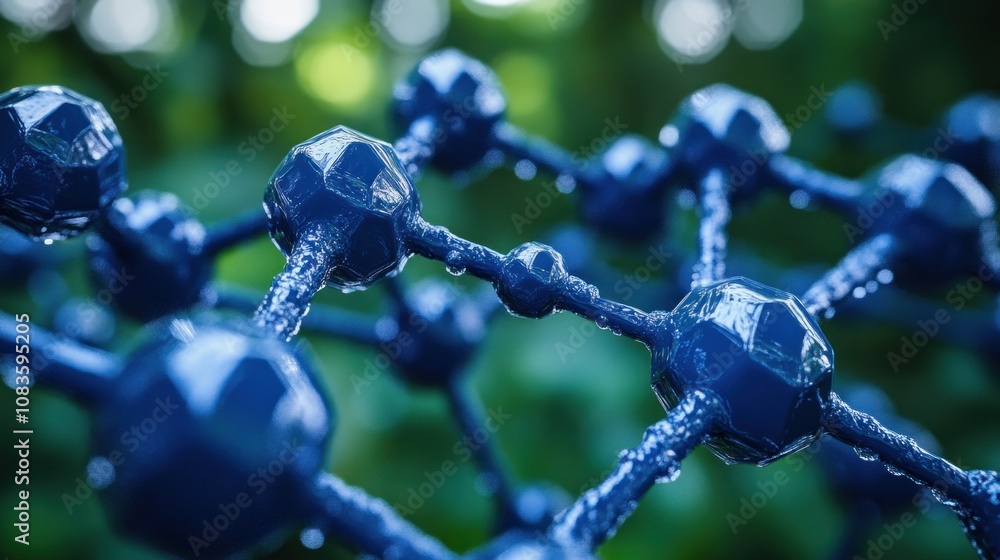 Poster a close-up view of a blue molecular structure with a blurred green background