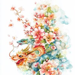 Obraz premium A vibrant illustration of a dragon entwined with blossoms, symbolizing strength and beauty in harmony.