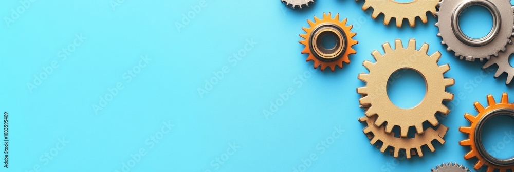 Poster various gears and a microprocessor are organized on a vibrant blue surface, highlighting their engin