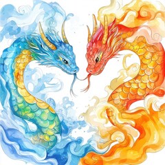 Obraz premium A vibrant watercolor artwork depicting two majestic dragons representing harmony and conflict in mythology.