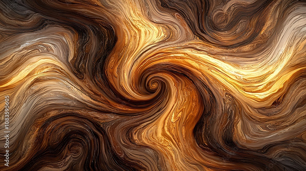 Poster abstract swirls of brown, gold, and cream colors create a dynamic visual flow, conveying motion and 