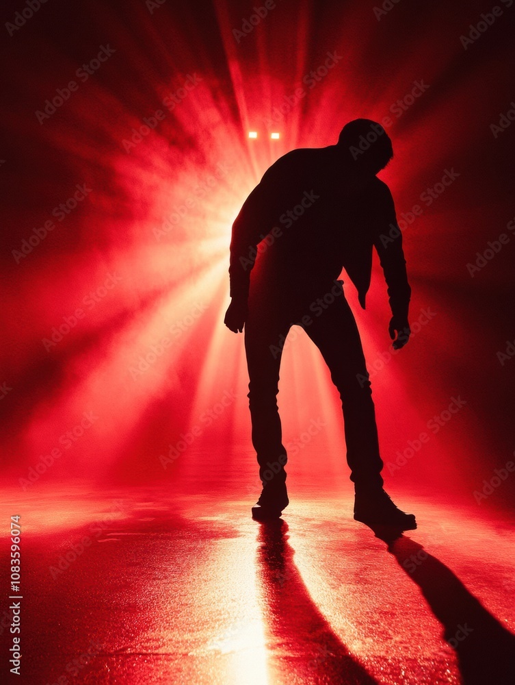 Poster a burglar's silhouette stands in a dimly lit area, characterized by striking red light, hinting at a