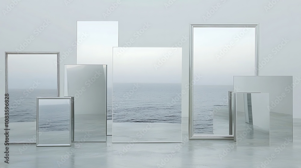 Aufkleber multiple mirrors arranged in an artistic composition reflecting calm ocean view and serene atmospher