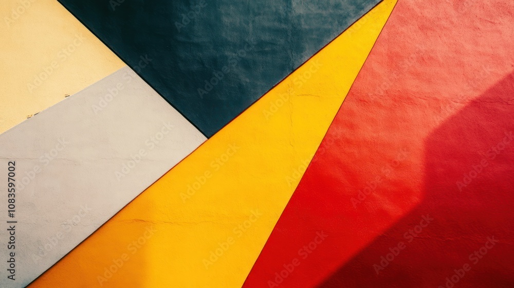 Poster abstract geometric pattern of five different colors on a wall
