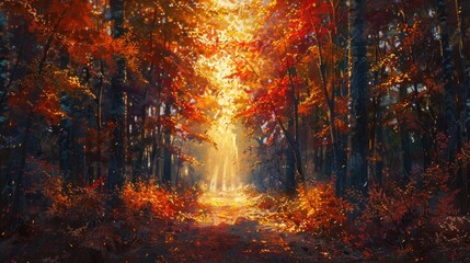 Sunlit Autumn Forest Path.