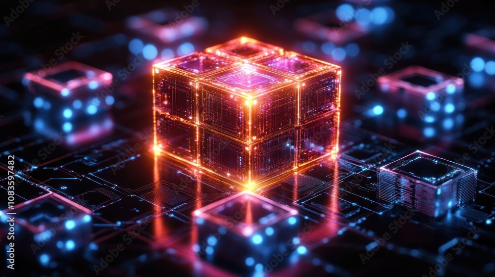 Poster A glowing cube of data on a futuristic circuit board