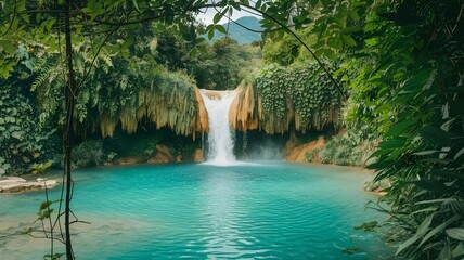 Waterfalls and lake in a beautiful landscape and frame through leaves