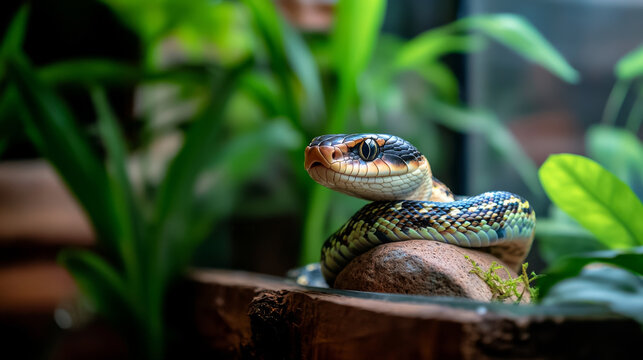 A vibrant, well-lit image of a pet snake coiled on a rock inside a glass terrarium, with green plants and wood decor in the background, creating a natural, serene atmosphere.