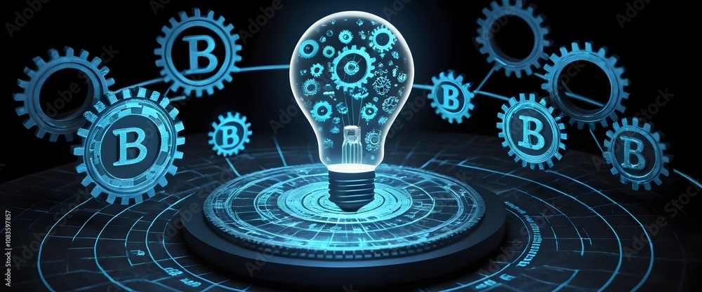 Aufkleber innovative b2b hologram featuring gears and lightbulb illustrating e-commerce concepts perfect for m