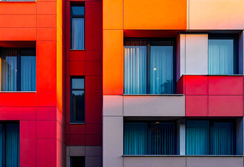 A modern abstract building facade with geometric shapes and patterns in shades of red , orange , and blue