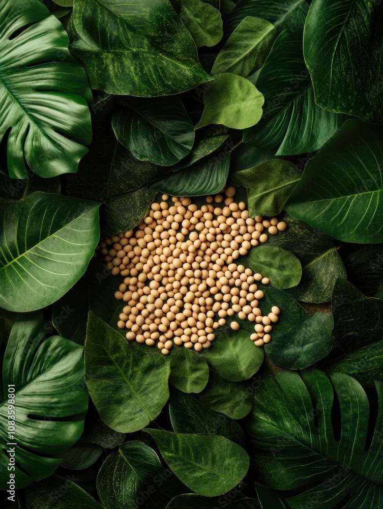 Poster a collection of soybeans embedded in a rich backdrop of tropical plant leaves creates a striking nat