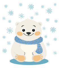 Fototapeta premium Cute Baby Polar Bear with Blue Scarf, Adorable Flat Style Vector Illustration with Snowflakes