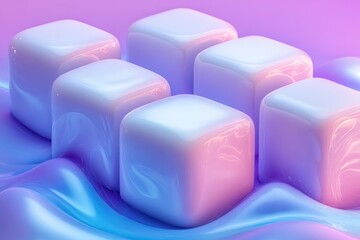 Obraz premium Abstract Composition of Glossy Cubes and Wavy Surface in Pink and Blue Hues