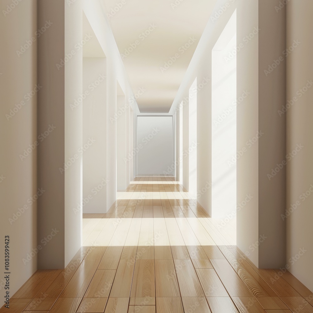 Poster empty corridor with wooden floor and natural light filtering through windows, creating a modern and 