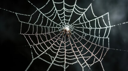 Obraz premium Dew-Covered Spider Web with a Spider in the Center