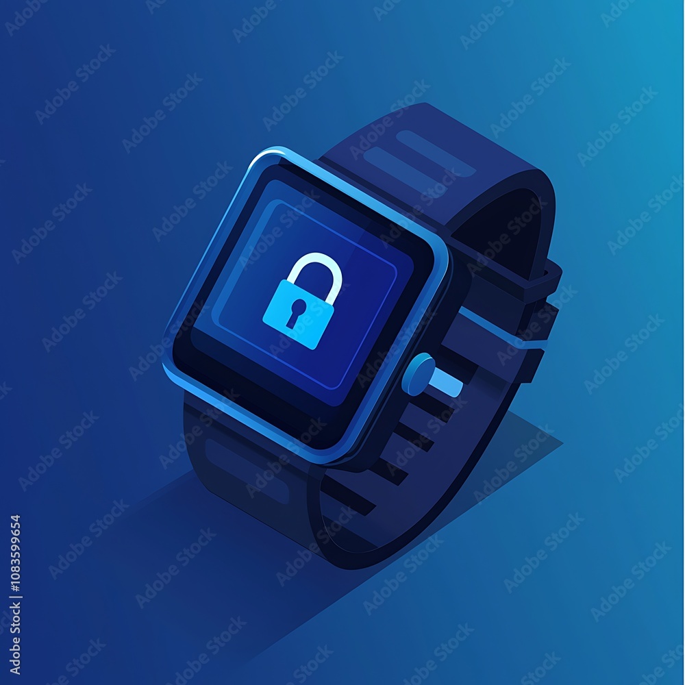 Poster modern smartwatch with lock icon on screen illustrating security features and functionality for heal