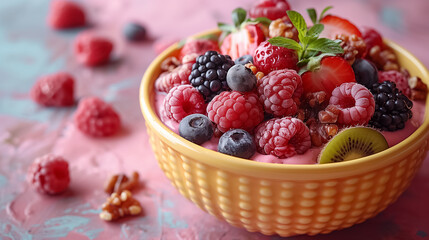 Breakfast Yogurt with a Topping of Berries, Kiwi, and Walnuts in a Yellow Bowl