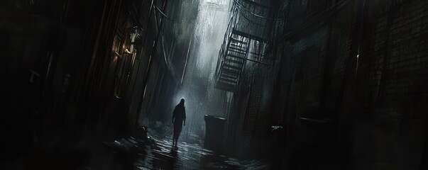 Obraz premium A dark, atmospheric alley with a solitary figure walking amidst shadows and rain.