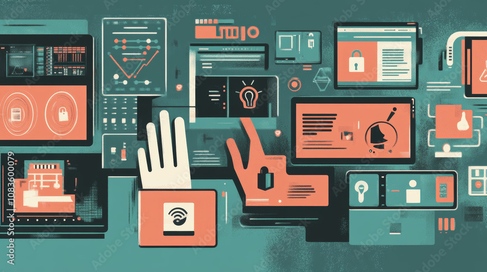Poster how machine learning helps protect us from cyber attacks, shown as a hand reaching for computer icon