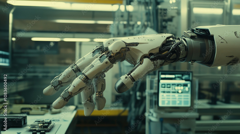 Poster industry 4.0 is about using advanced technology, like robots, to make factories smarter and more eff