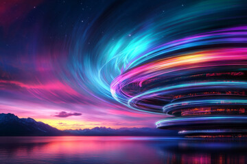 An artistic rendering of a time-travel machine powered by the energy of the Aurora Borealis, with vibrant lights swirling around the device.