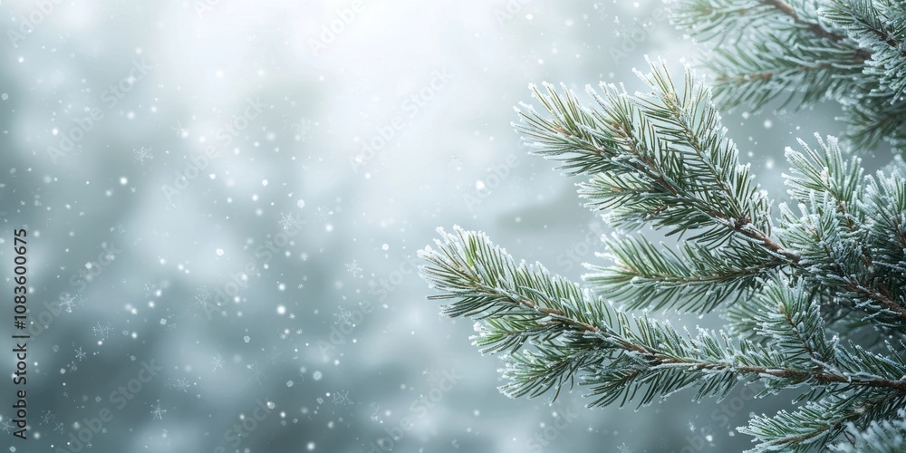 Poster close-up of a snow-covered pine branch with falling snowflakes