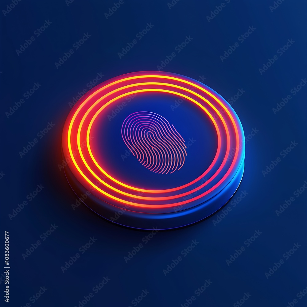 Poster vibrant neon fingerprint with glowing circular design representing digital identity and security on 