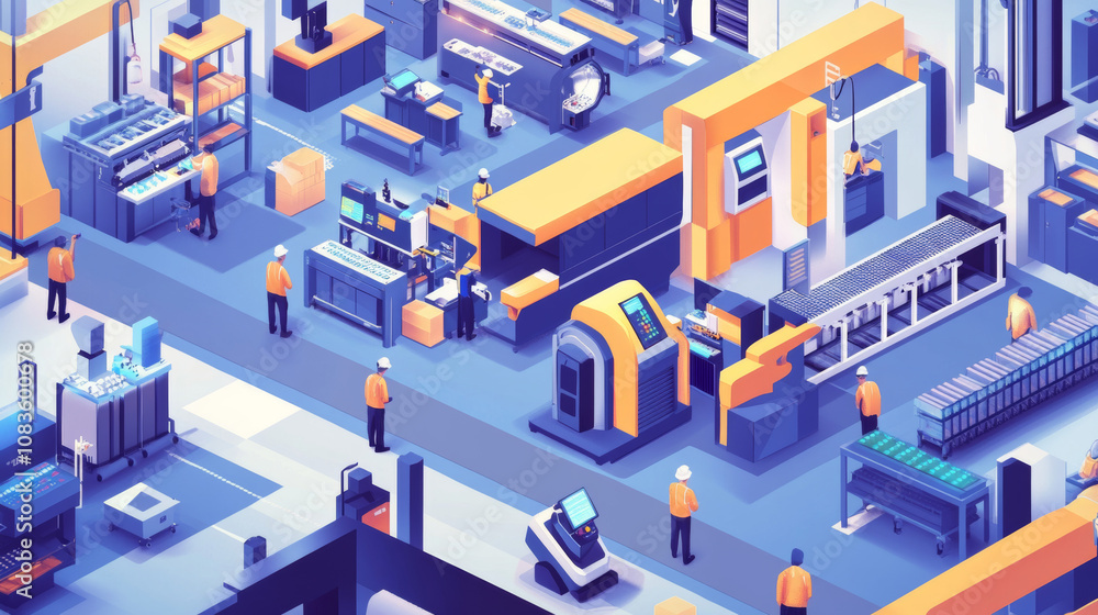 Poster industry 4.0 uses technology like automation and cloud computing to make factories and businesses sm