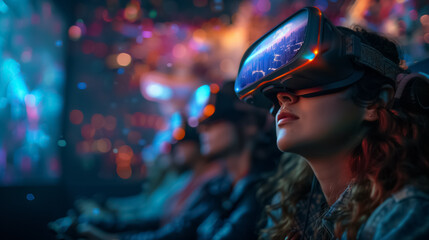 People Using VR Goggles for an Immersive Movie Experience in a Digital Virtual Reality Setting