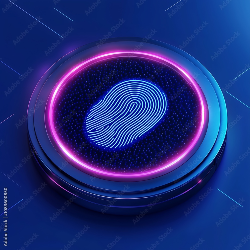 Poster futuristic neon fingerprint in a circular design, glowing with bright colors, representing digital s