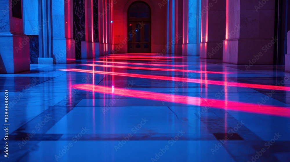 Aufkleber a series of bright red laser beams crisscrosses the floor, creating an artistic and dramatic effect 