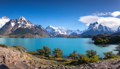 Obraz premium The Untouched Wilderness of Patagonia in Argentina and Chile, Featuring Rugged Mountain Peaks, Glacial Valleys, and Crystal-Clear Lakes